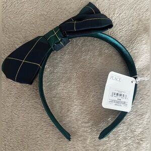 Girls Plaid Bow Headband - Navy and hunter green with gold lines